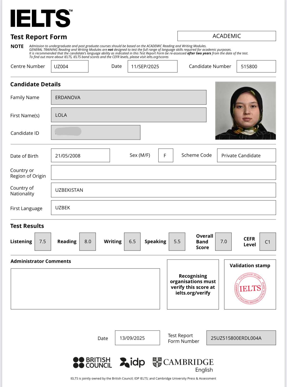 Erdanova Lola's Certificate