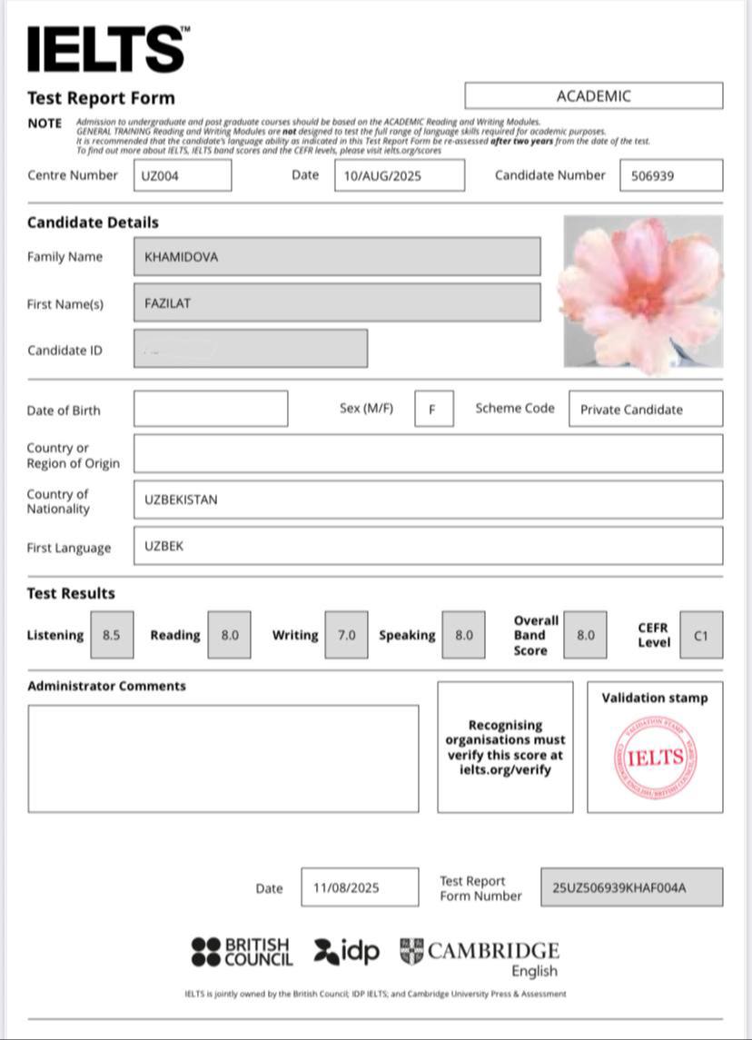 Fazilat Khamidova's Certificate