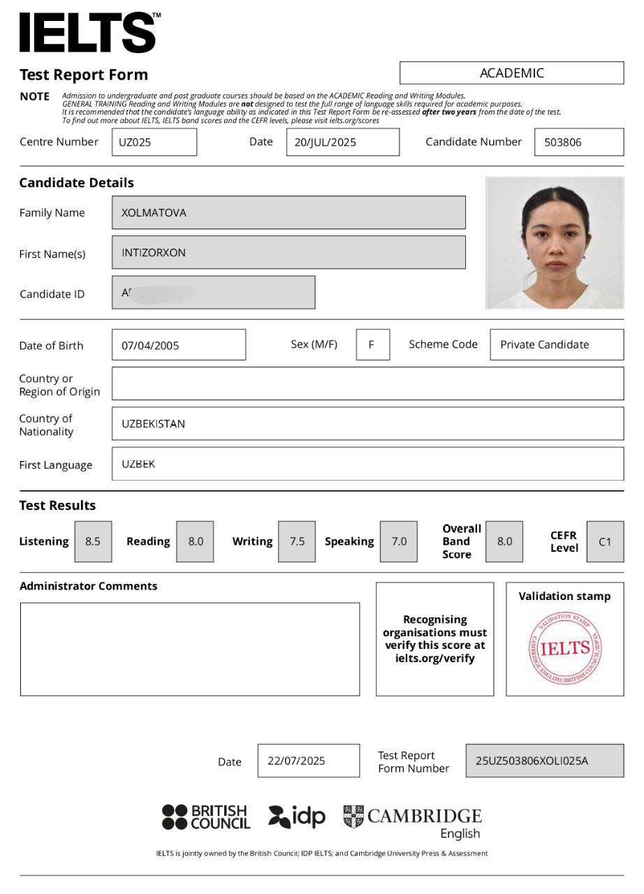 Intizorxon Xolmatova's Certificate