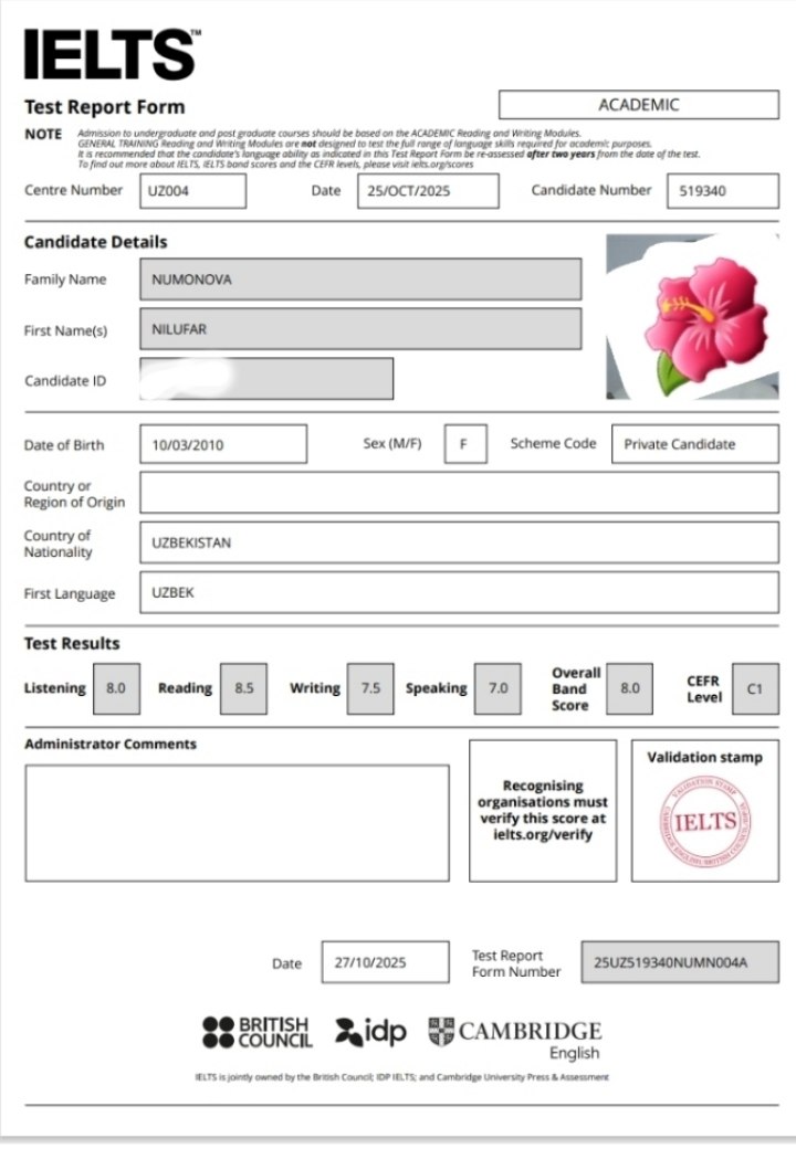 Numonova Nilufar's Certificate