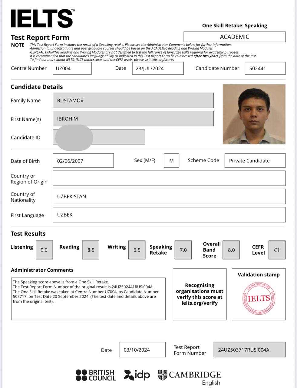 Rustamov Ibrohim's Certificate