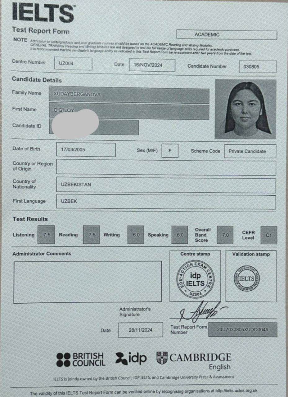 Xudaybeganova O'g'iloy's Certificate