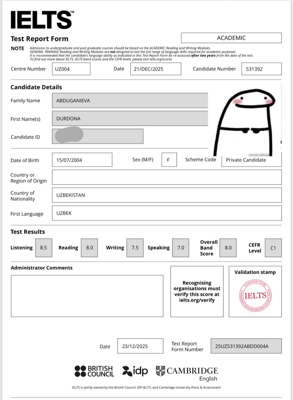 Durdona Abduganiyeva's Certificate