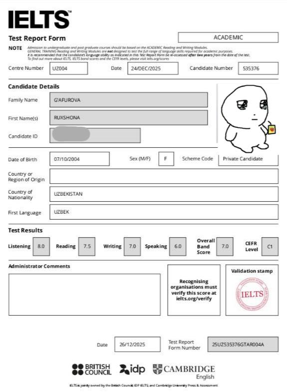 Ruxshona G'afurova's Certificate